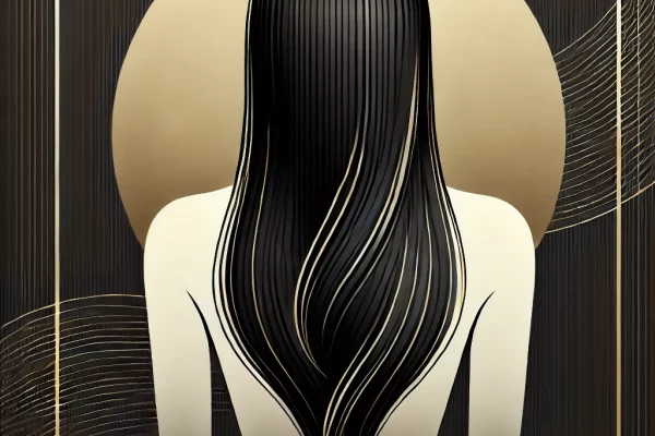 DALL·E 2025-01-19 12.17.44 - A minimalist and elegant artistic depiction of a young woman seen from behind, showcasing her upper body and long, straight hair. The design uses a sl