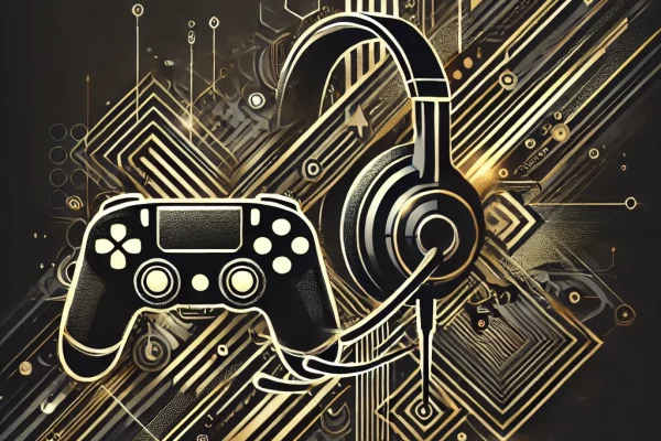 DALL·E 2025-01-19 12.18.50 - A sleek and modern artistic image representing a gaming community, featuring dynamic shapes and designs in black and gold tones. The composition inclu